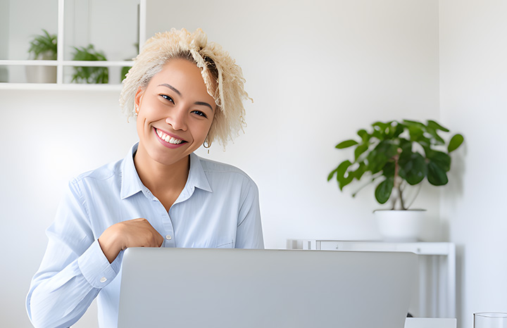 Picture showing a happy person at the working place. AI Generated.